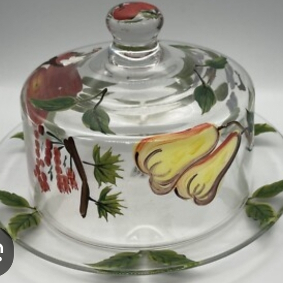 Vintage Hand Painted Glass Cheese/fruit/dessert Plate With Dome Lid - Picture 3 of 9